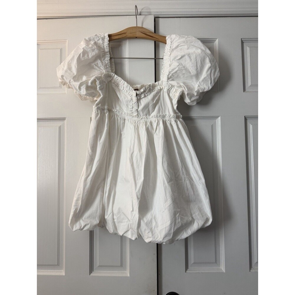 Free People Rendezvous Me White Mini Babydoll Dress Puff Sleeve Bubble Hem XS